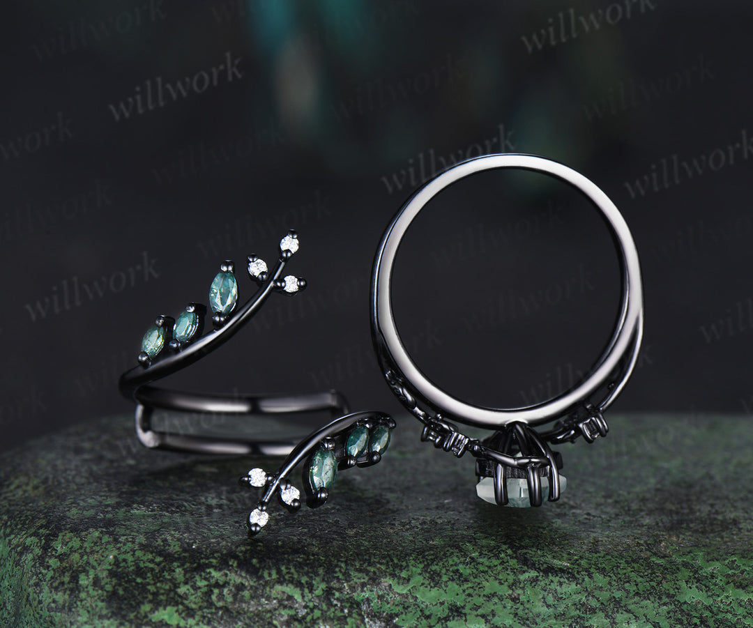 Unique kite cut moss agate leaf engagement ring set twig nature inspired 14k black gold diamond enhancer wedding ring band women