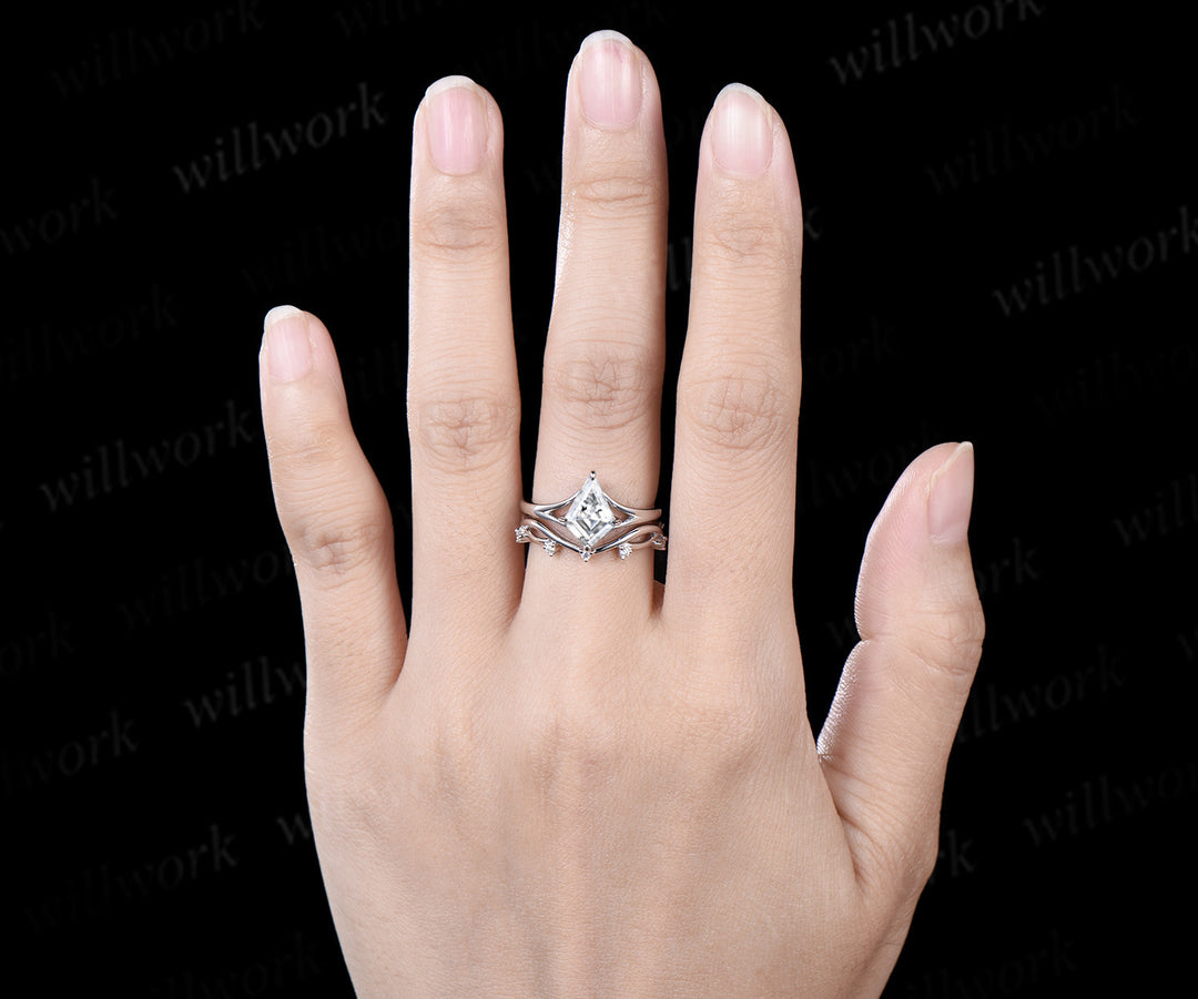 Kite cut moissanite promise ring set 14k white gold unique split shank engagement ring infinity wedding ring set women