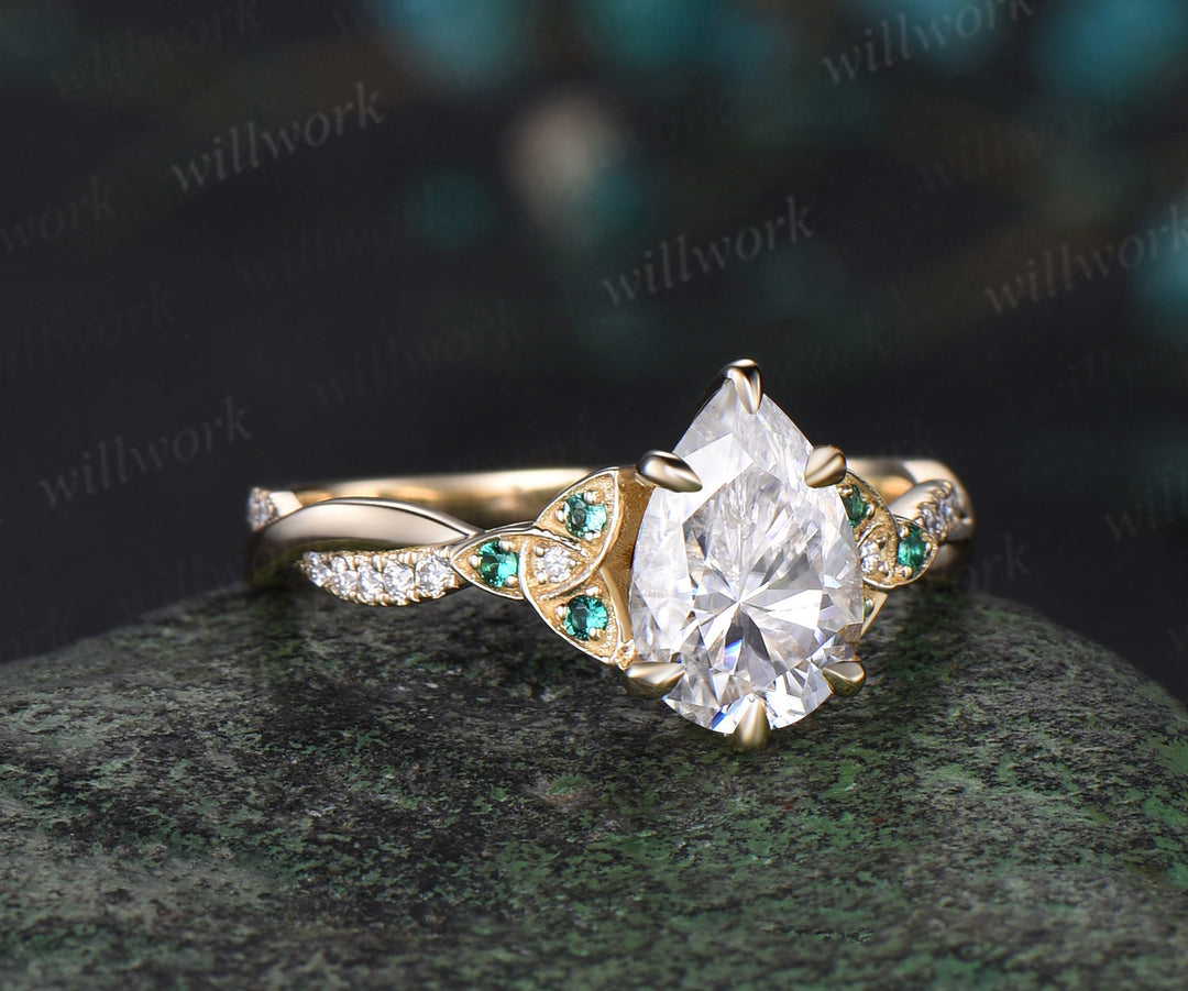 Vintage pear moissanite engagement ring solid 14k yellow gold Celtic knot emerald diamond promise wedding ring women jewelry