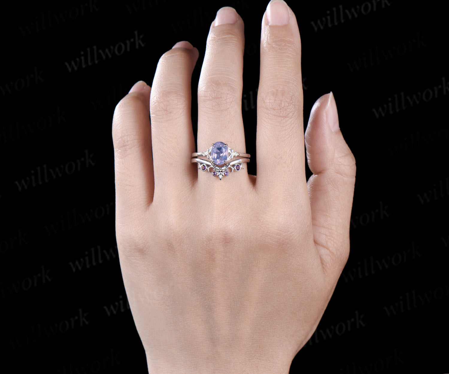 Oval cut Lavender Amethyst Engagement Ring bezel Crystal white