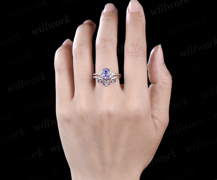 Oval cut Lavender Amethyst Engagement Ring bezel Crystal white gold moon Celtic knot bridal set Norse Viking Jewelry