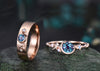 Round Cut Alexandrite Art Deco Moon Star Twisted Engagement Ring Moonstone Opal Accents & Matching Alexandrite Moon Star Men Wedding Ring Unique Couple Ring Set