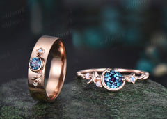 Round Cut Alexandrite Art Deco Moon Star Twisted Engagement Ring Moonstone Opal Accents & Matching Alexandrite Moon Star Men Wedding Ring Unique Couple Ring Set