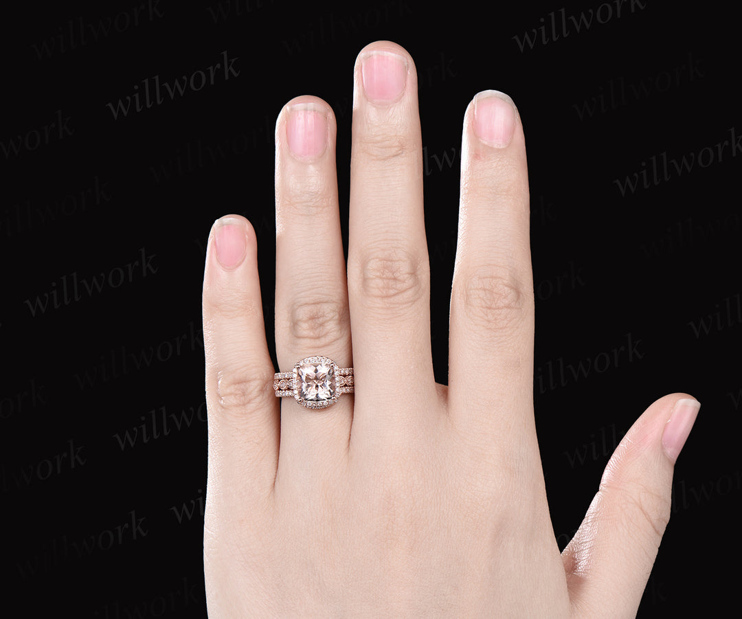 Milgrain Cushion Cut Natural Morganite Engagement Ring Set Vintage Moissanite Halo Half Eternity Wedding Ring Antique 14k Rose Gold 3pcs Bridal Ring Set