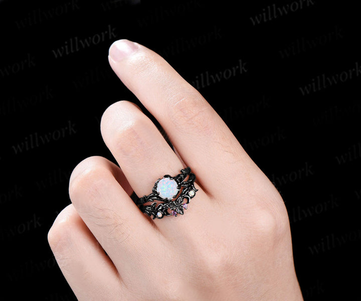 Round White Opal Engagement Ring Black Gold Leaf Branch Bridal Set Nature Inspired Floral Wedding Ring October Birthstone Promise Women Gifts