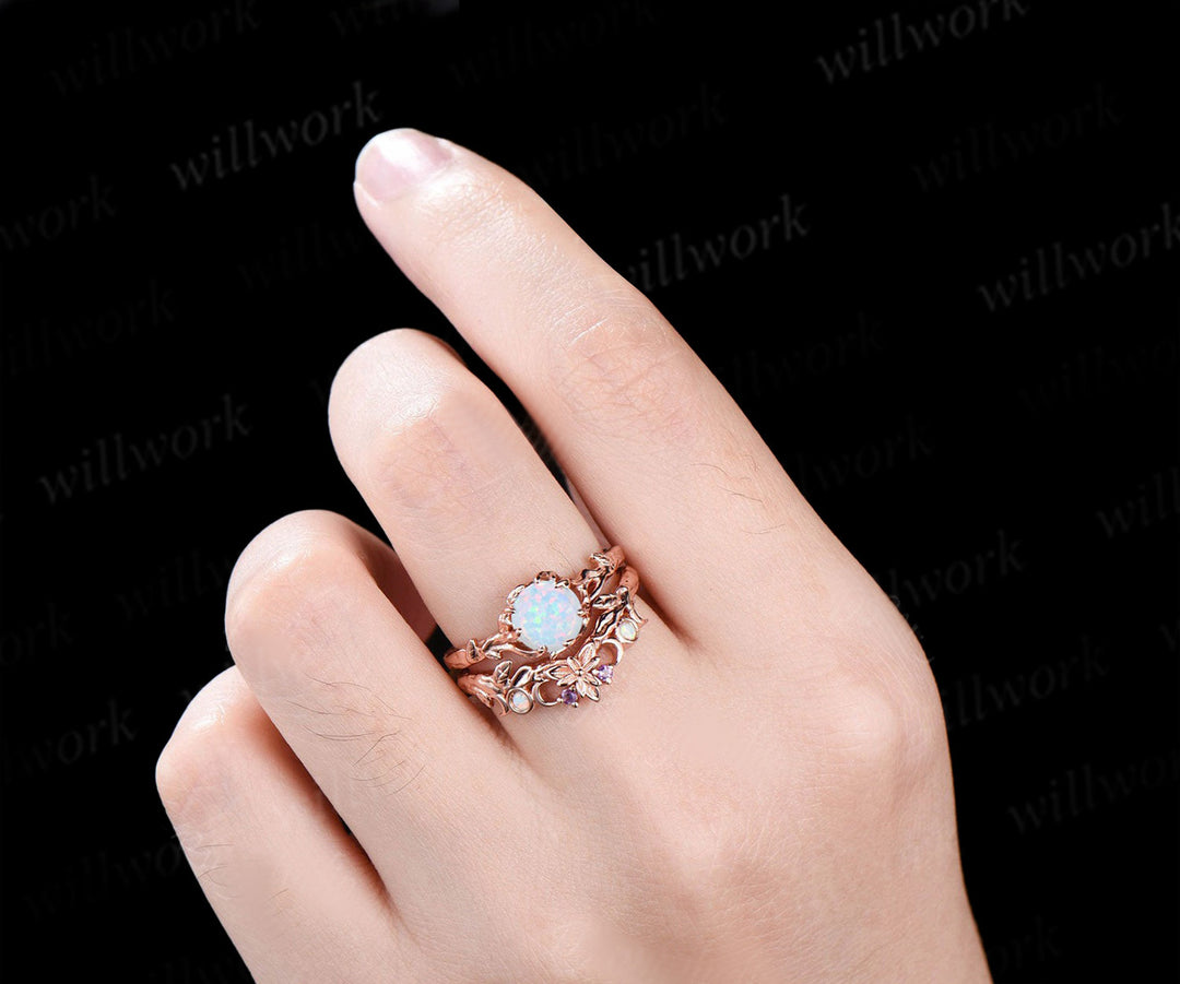 Round White Opal Engagement Ring Black Gold Leaf Branch Bridal Set Nature Inspired Floral Wedding Ring October Birthstone Promise Women Gifts