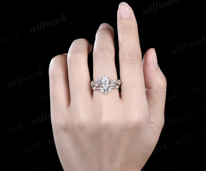 Nature inspired marquise cut lab-grown diamond engagement ring women twig leaf white gold ring branch diamond-accented bridal ring set