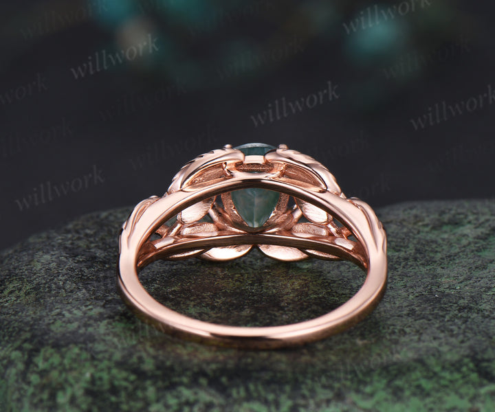 Pear cut moss agate wedding ring rose gold branch leaf Solitaire infinity engagement ring women Teardrop anniversary gift