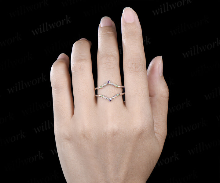 Dainty amethyst floral peridot wedding band white gold leaf enhancer ring stackable double layer wedding ring for women