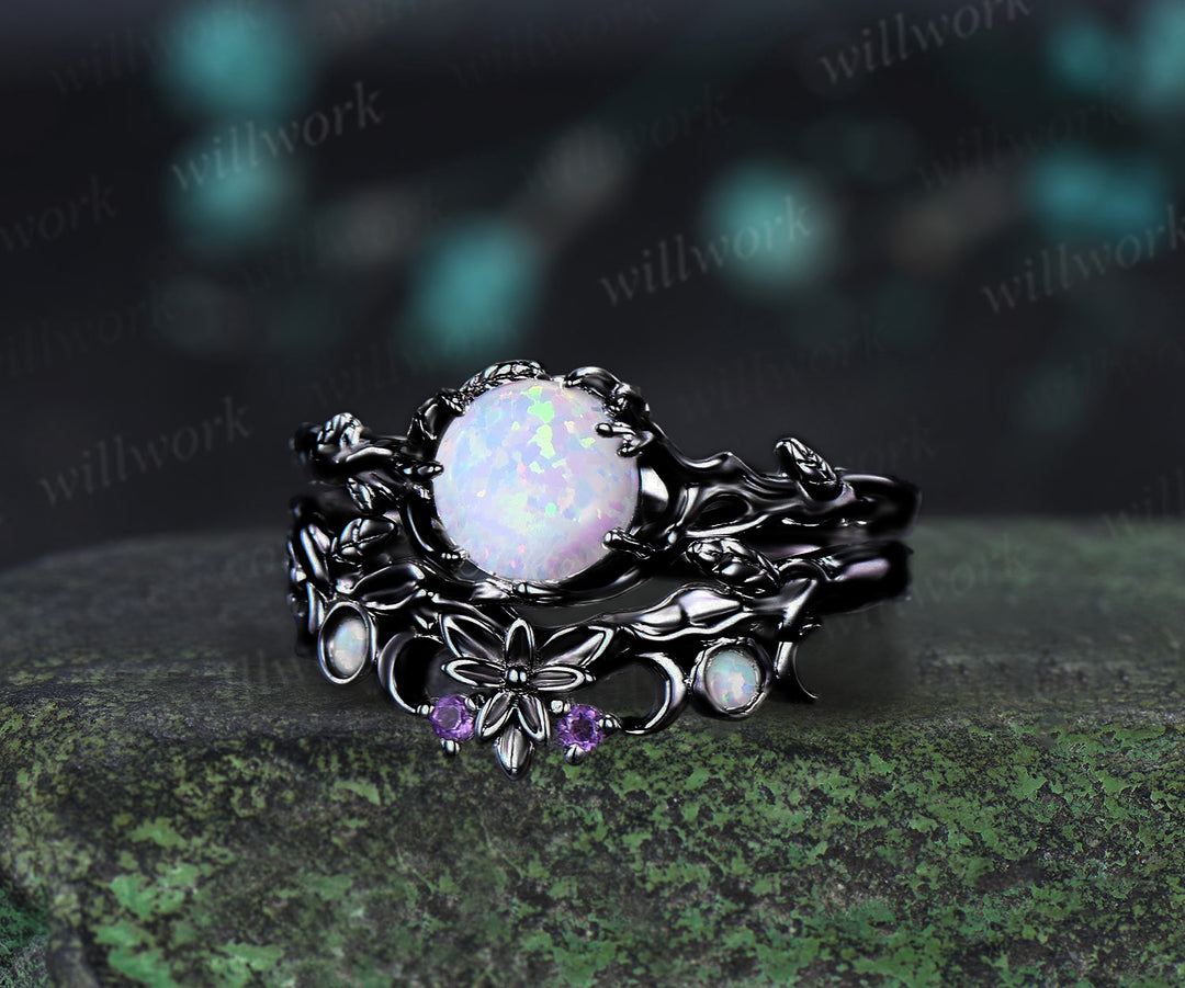Round White Opal Engagement Ring Black Gold Leaf Branch Bridal Set Nature Inspired Floral Wedding Ring October Birthstone Promise Women Gifts