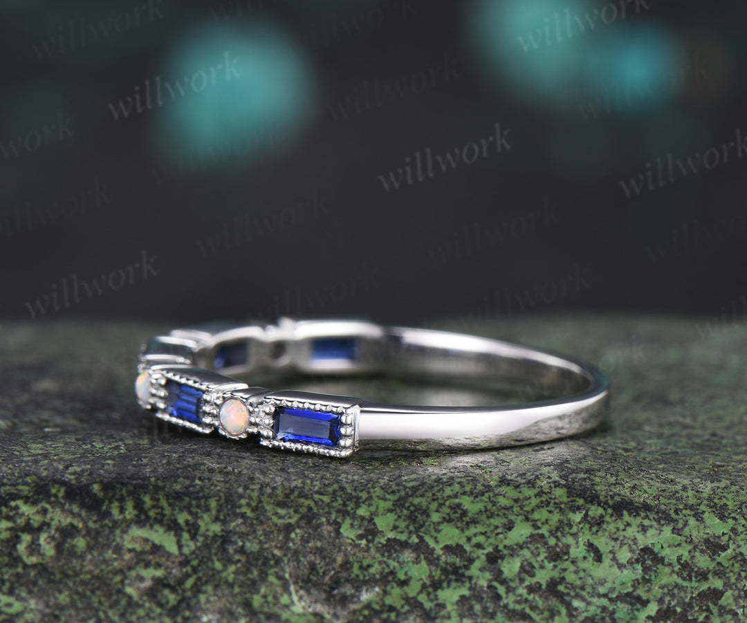 Baguette cut sapphire opal wedding band milgrain half eternity wedding ring band vintage unique stacking ring gifts for her