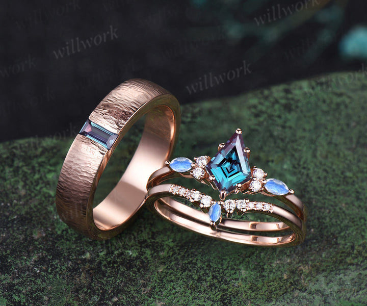 Captivating Alexandrite Kite & Moonstone Ring Set | Refined baguette Alexandrite Men's Ring 14K rose gold couple set jewellery Perfect for Valentine's Day Gifts and Thoughtful Presents for Her