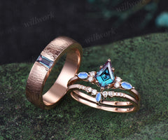 Captivating Alexandrite Kite & Moonstone Ring Set | Refined baguette Alexandrite Men's Ring 14K rose gold couple set jewellery Perfect for Valentine's Day Gifts and Thoughtful Presents for Her