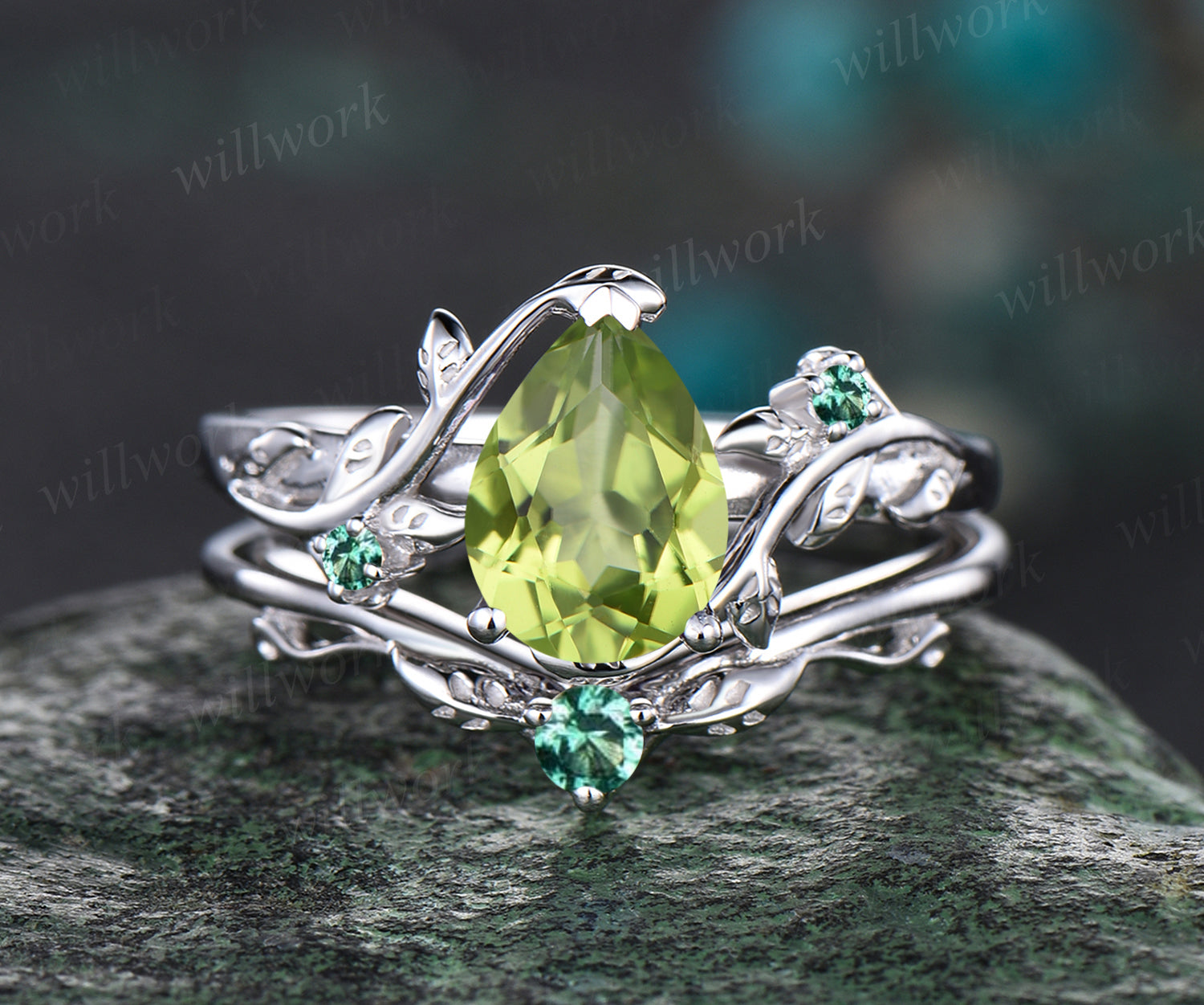 Unique hot Lab created Emerald Engagement Ring,Vintage white gold Engagement Ring,Nature Inspired Leaf and vine Ring,bridal ring set for her