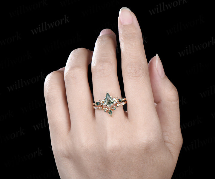 Black gold kite cut moss agate ring Unique crescent moon star engagement ring art deco delicate bridal wedding set handmade anniversary gift