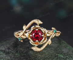Round cut ruby engagement ring flower floral snake three stone emerald ring vintage wedding ring women jewelry