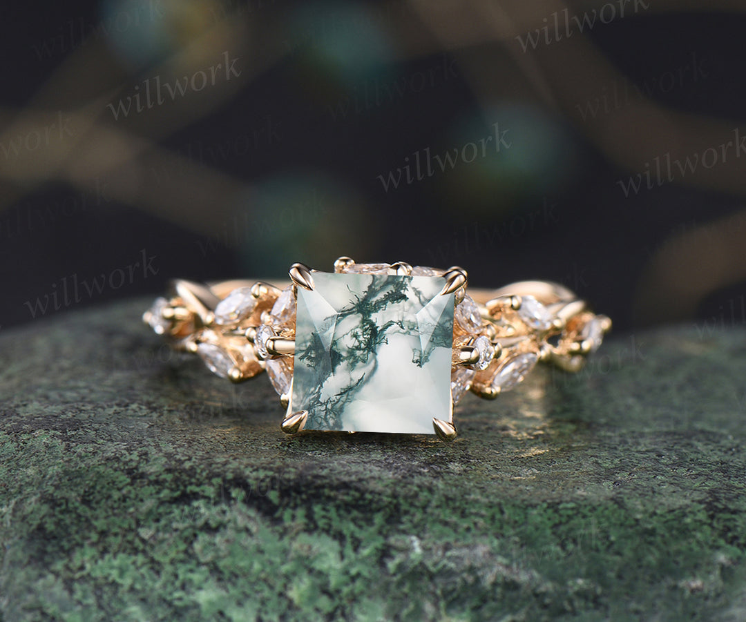 Princess cut moss agate ring unique twig flower engagement ring marquise cluster art deco promise wedding ring for women