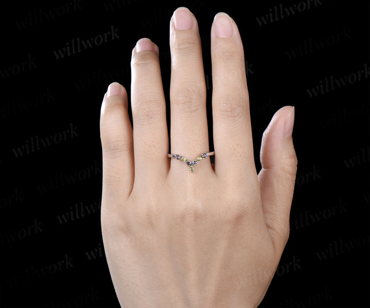 Curved V shaped wedding band unique marquise peridot round alexandrite stacking ring birthstone ring