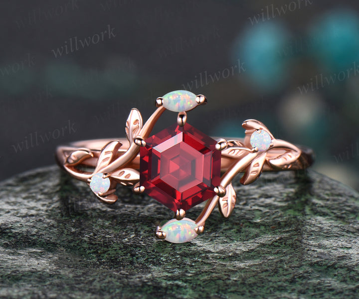 Unique Hexagon Cut July Birthstone Ruby Engagement Ring Leaf Vine Twig Branch Nature Inspired Wedding Ring Five Stone White Opal Floral Promise Ring