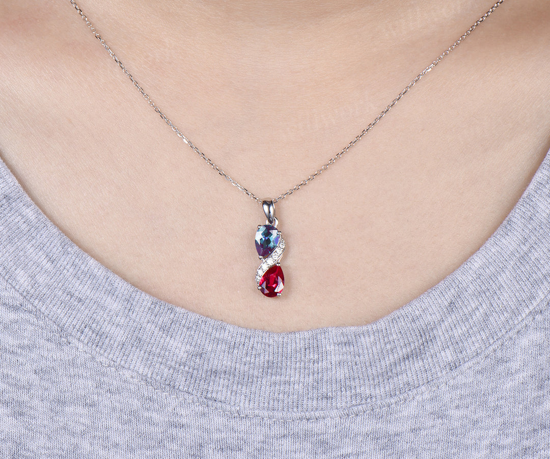 Pear Alexandrite Ruby Two Birthstone Stone Necklace Toi et Moi Pendant Moissanite Accents Infinity Necklace