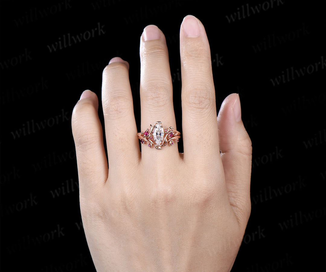 Marquise cut moissanite ring set leaf moon twig ring ruby accents nature inspired bridal set