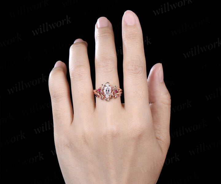 Marquise cut moissanite ring set leaf moon twig ring ruby accents nature inspired bridal set