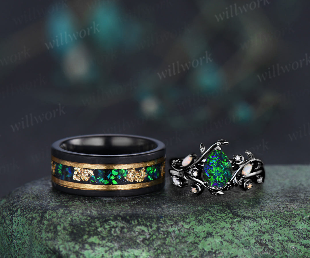 Vintage Pear Black Opal Leaf Vine Moon Ring Set & Tungsten Black Opals Gold Flakes Men Band Couple Ring Set