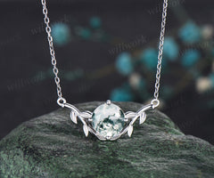 Minimalist Round Cut Natural Green Moss Agate Necklace Leaf Twig Vine Branch Nature Inspired Pendant 14k White Gold Solitaire Promise Jewelry Gift For Women
