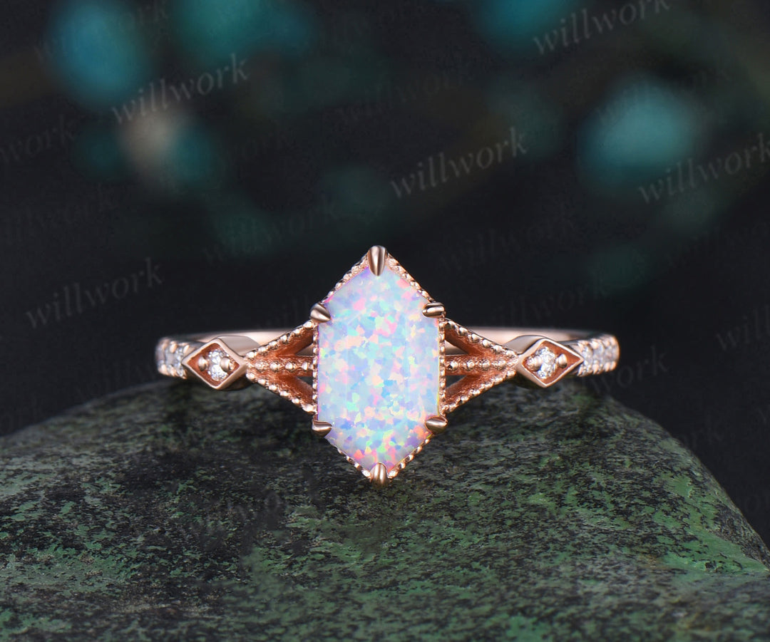 Long hexangon cut white opal engagement ring set rose gold vintage unique moissanite wedding band enhancer bridal set women