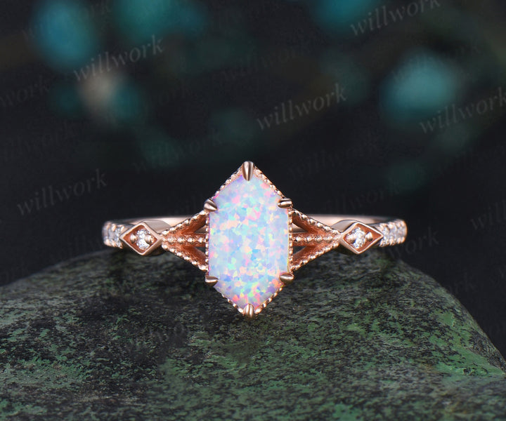 Long hexangon cut white opal engagement ring set rose gold vintage unique moissanite wedding band enhancer bridal set women