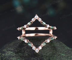 Marquise moss agate diamond wedding band enhancer wraps rose gold Double V curved stacking band band bridal ring women