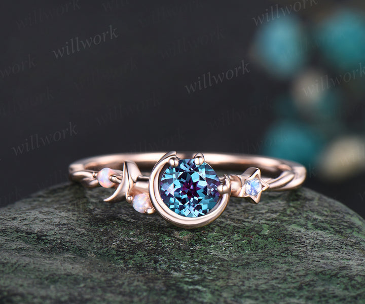 Round Cut June Birthstone Alexandrite Engagement Ring Unique Moon Star Twisted Ring Art Deco Opal Moonstone Anniversary Gift Women Jewelry