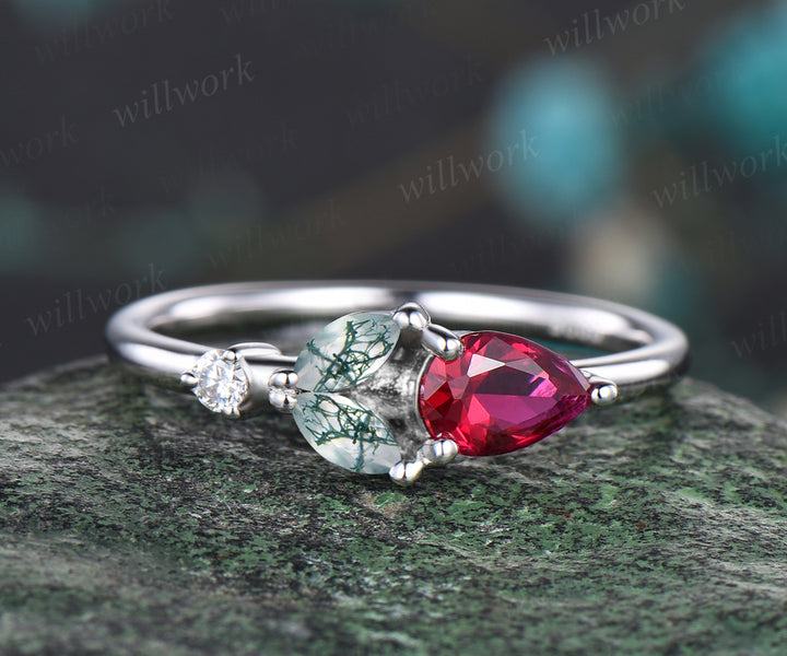 Unique Pear Cut July Birthstone Ruby Ring Marquise Natural Green Moss Agate Promise Ring Four Stone Anniversary Ring Rose Flower Leaf Floral Ring Gift For Mother