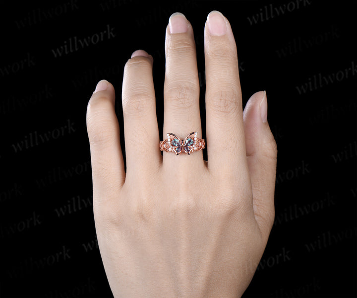 Butterfly alexandrite engagement ring pear cut alexandrite opal moissanite filigree milgrain ring unique nature inspired bridal wedding ring