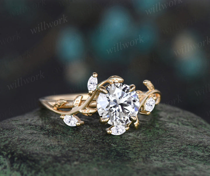 Vintage Round Cut Lab Grown Diamond Engagement Ring Leaf Nature Inspired Promise Ring Set