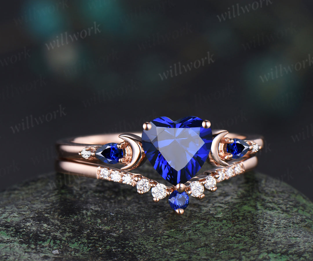 Unique heart cut sapphire engagement ring set five stones art deco moon ring moissanite sapphire wedding band bridal set
