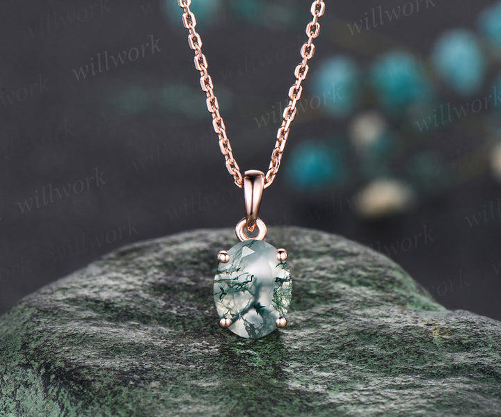 2ct 7x9mm Oval Cut Natural Green Moss Agate Necklace 14k Rose Gold Green Agate Solitaire Pendant Minimalist Aquatic Agate Birthday Promise Necklace Gift