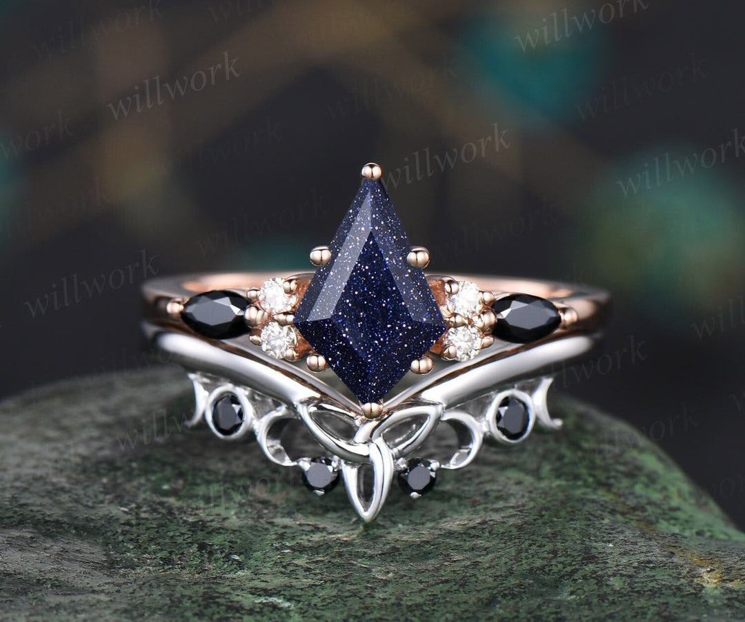 Galaxy Kite Cut Blue Sandstone Engagement Ring Set Unique Black Spinel Celtic Knot Moon Wedding Band Art Deco Healing Jewelry 2pcs Bridal Ring Set