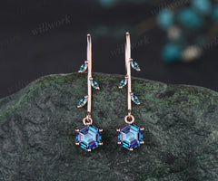 Delicate June Birthstone Alexandrite Drop Earrings Unique Color Change Stone Alexandrite Dangle Earrings 14k Rose Gold Alexandrite Earrings