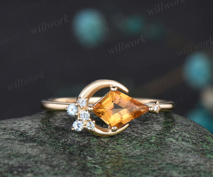 Delicate Kite Cut November Birthstone Natural Citrine Engagement Ring Blue Topaz Cluster Star Moon Wedding Ring Seven Stone Bridal Jewelry Gift