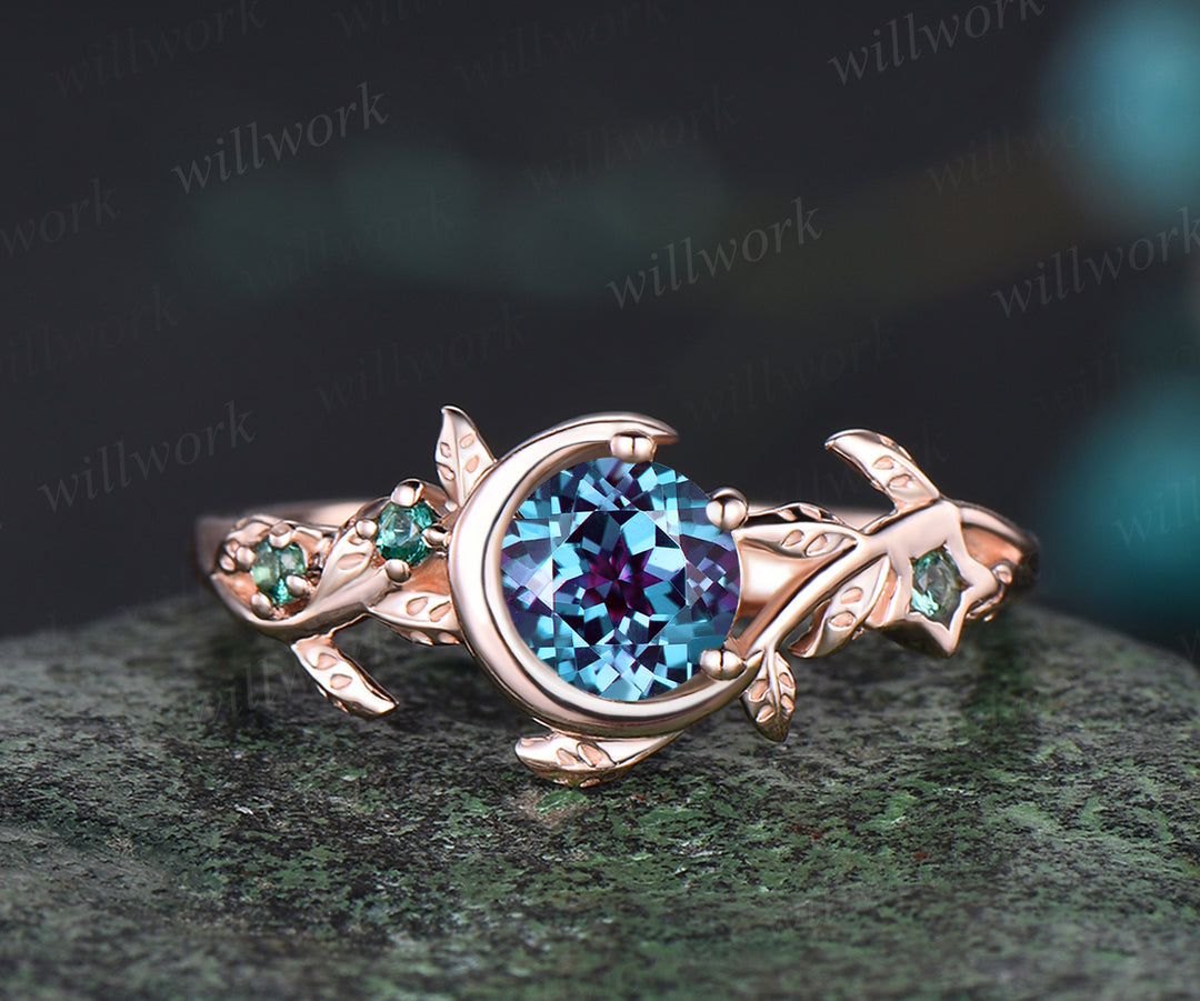 Unique Leaf Vine Twig Branch Nature Inspired Ring June Birthstone Round Cut Alexandrite Engagement Ring Emerald Art Deco Moon Star Bridal Ring