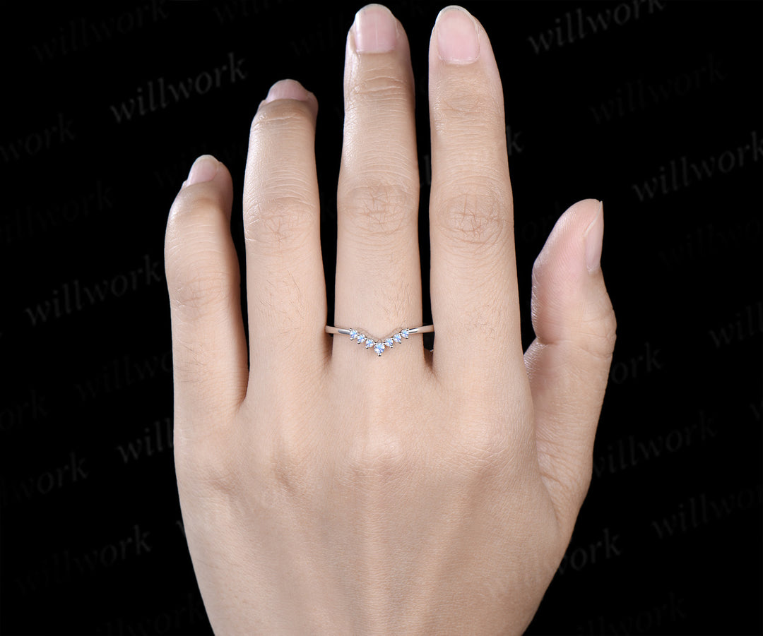 Moonstone wedding band dainty curved blue gemstone stackable ring silver white gold matching band gifts for women