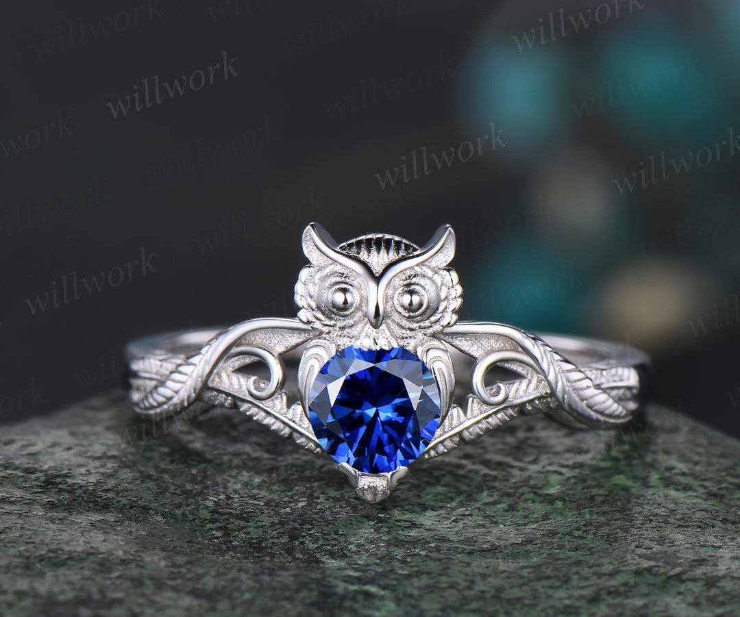 Unique Branch Twig Vine Owl Engagement Ring Round Blue Sapphire Wedding Ring Cute Owl Antique Nature Inspired Blue Sapphire Jewelry