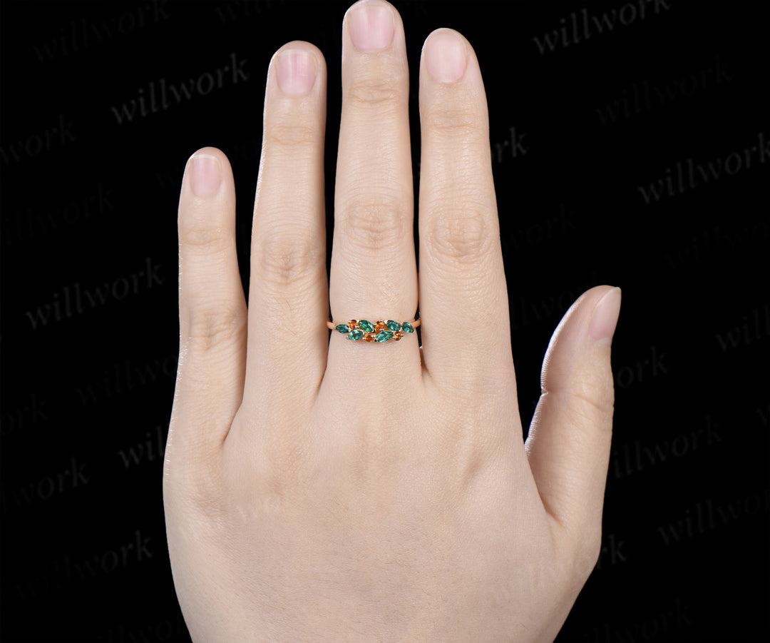 Marquise emerald citrine cluster vintage stacking band May birthstone wedding ring anniversary gfits