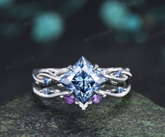 Princess Cut Blue Moissanite Ring Set Twig Branch Engagement Ring Amethyst Accents Twisted Wedding Band Unique Bridal Set