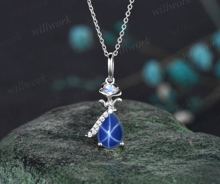 READY TO SHIP: Pear-cut Blue Star Sapphire Necklace - Sterling Silver