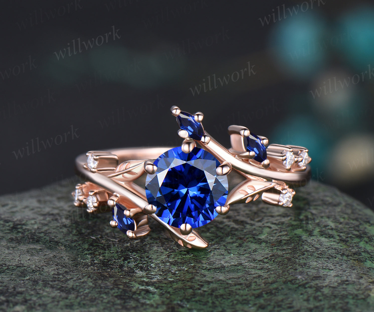 Vintage Round Cut Leaf Blue Sandstone outlet Engagement Ring, Unique Rose Gold /Silver Twig Branch Wedding Promise Anniversary Ring Gift for Women