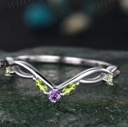 Oval purple amethyst ring three stone Trillion peridot ring white gold unique engagement ring matching twisted bridal wedding ring set women