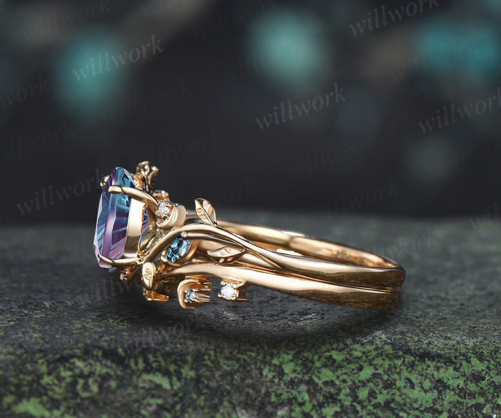 Oval Fireworks Cut Alexandrite Engagement Ring Set Leaf Branch Moon Promise Ring Alexandrite Stacking Wedding Band Bridal Set