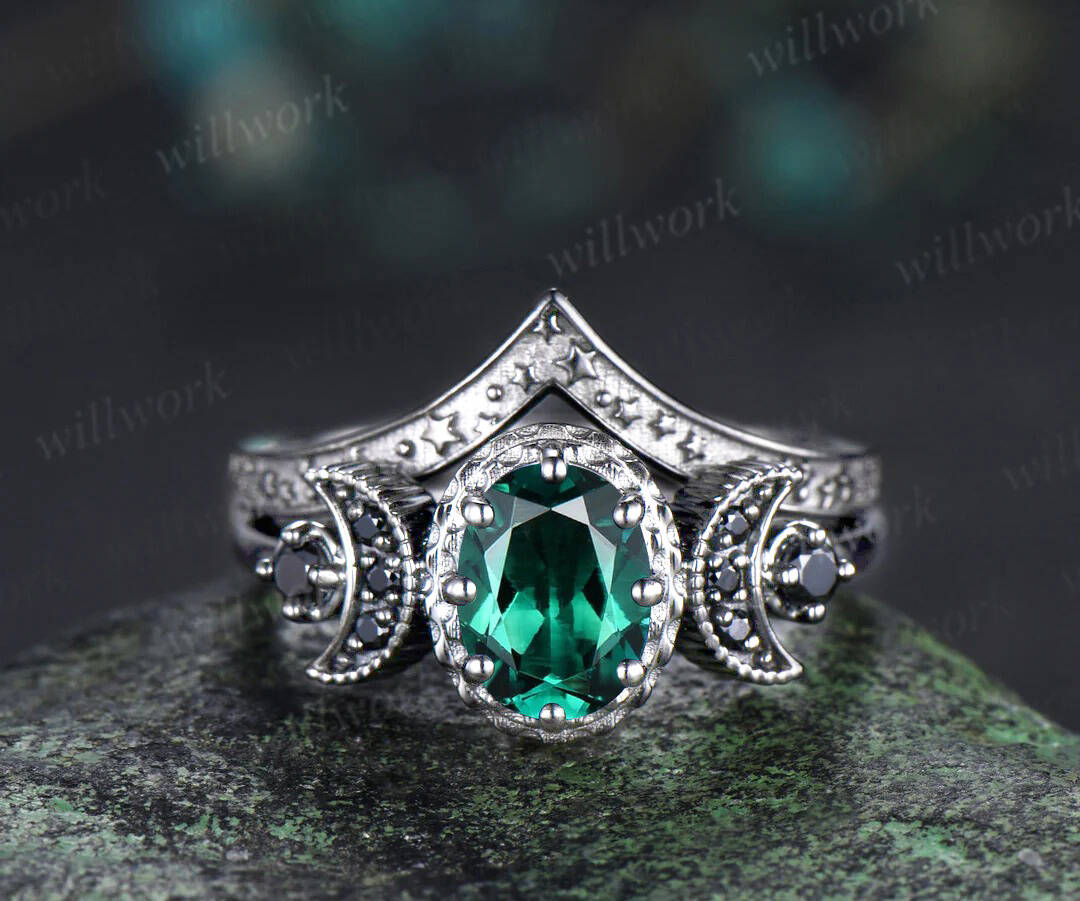 Gothic oval emerald ring set black gold crescent moon engagement ring curved starry stackable band May birthstone promise ring